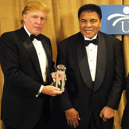 386717 02: Muhammad Ali is honored March 14, 2001 and receives The UCP's Humanitarian Award from Donald Trump at the United Cerebral Palsey dinner at the New York Marriott Marquis Hotel in New York City. (Photo by George De Sota/Newsmakers)